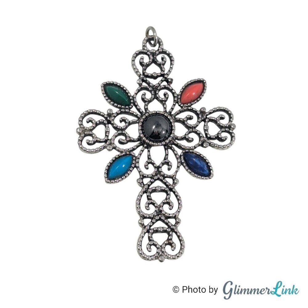 Vintage 70s Avon Romanesque Filigree Multicolor Stones Silver Tone Cross Pendant